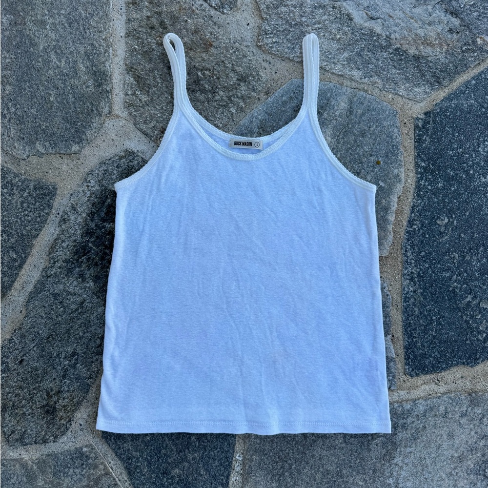 Buck Mason 100% Cotton White Heirloom Rib Scoop Spaghetti Strap Tank Top